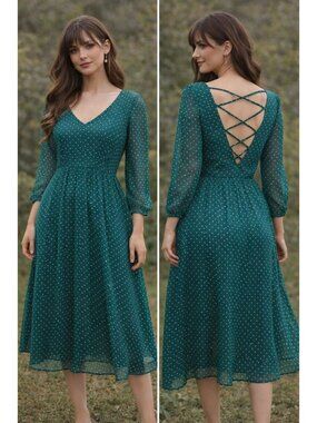 GAÂLA Silk Midi Dress Polka Dot Crisscross Open Back Romantic EU 42 US 10 12